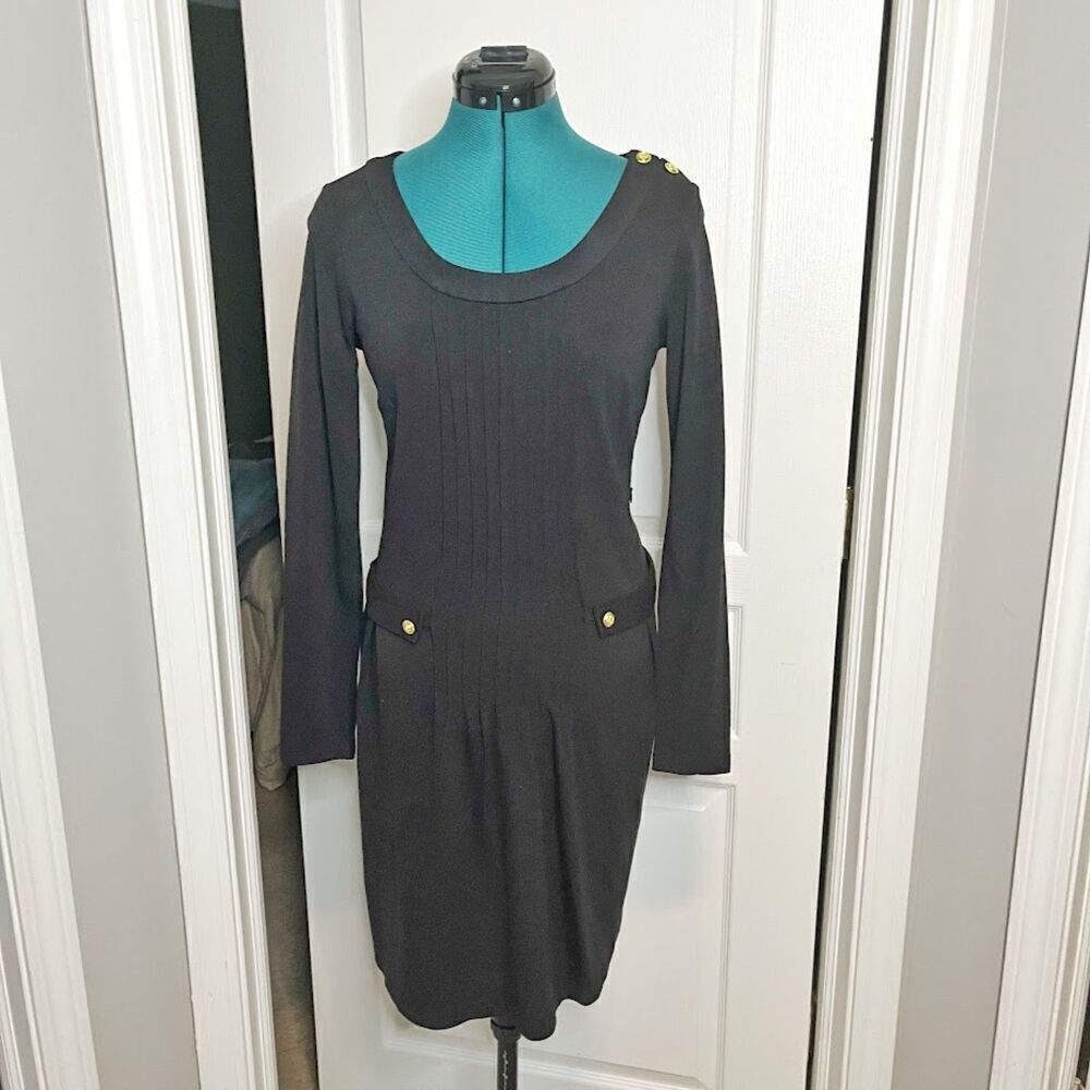 Anthropologie HOSS Intropia Pleated Fit & Flare Military Gold Button Lapel Dress